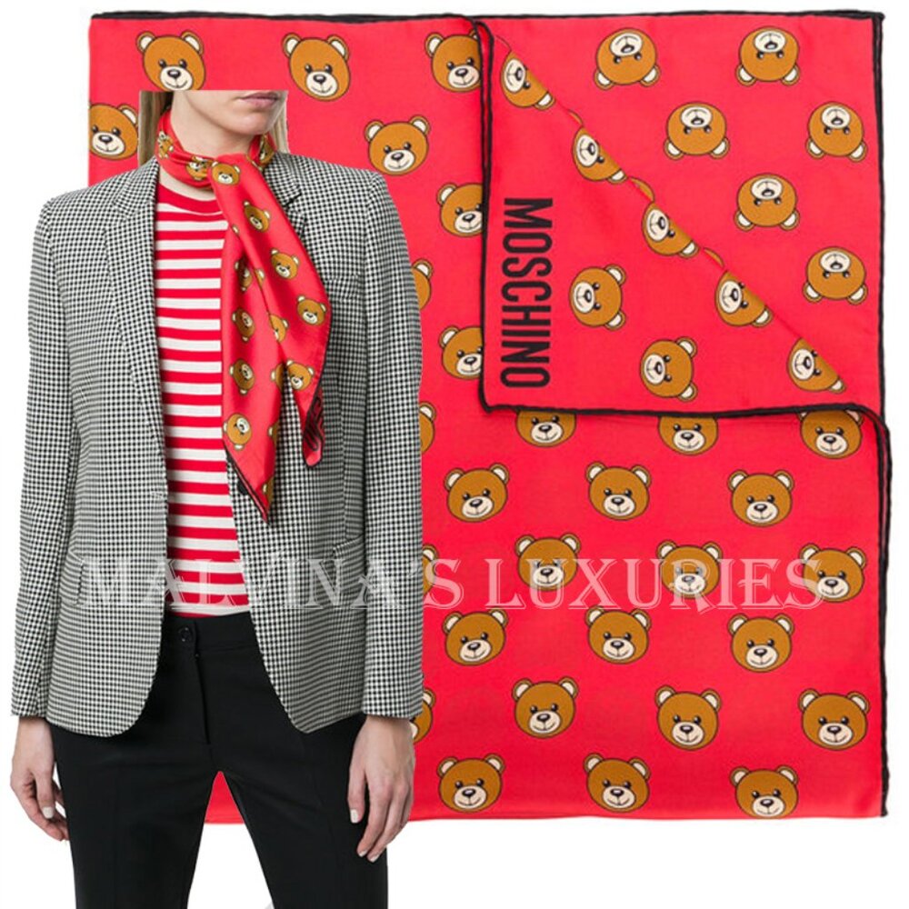 MOSCHINO SCARF RED SILK ICONIC TEDDY BEAR PRINT SQUARE 34"